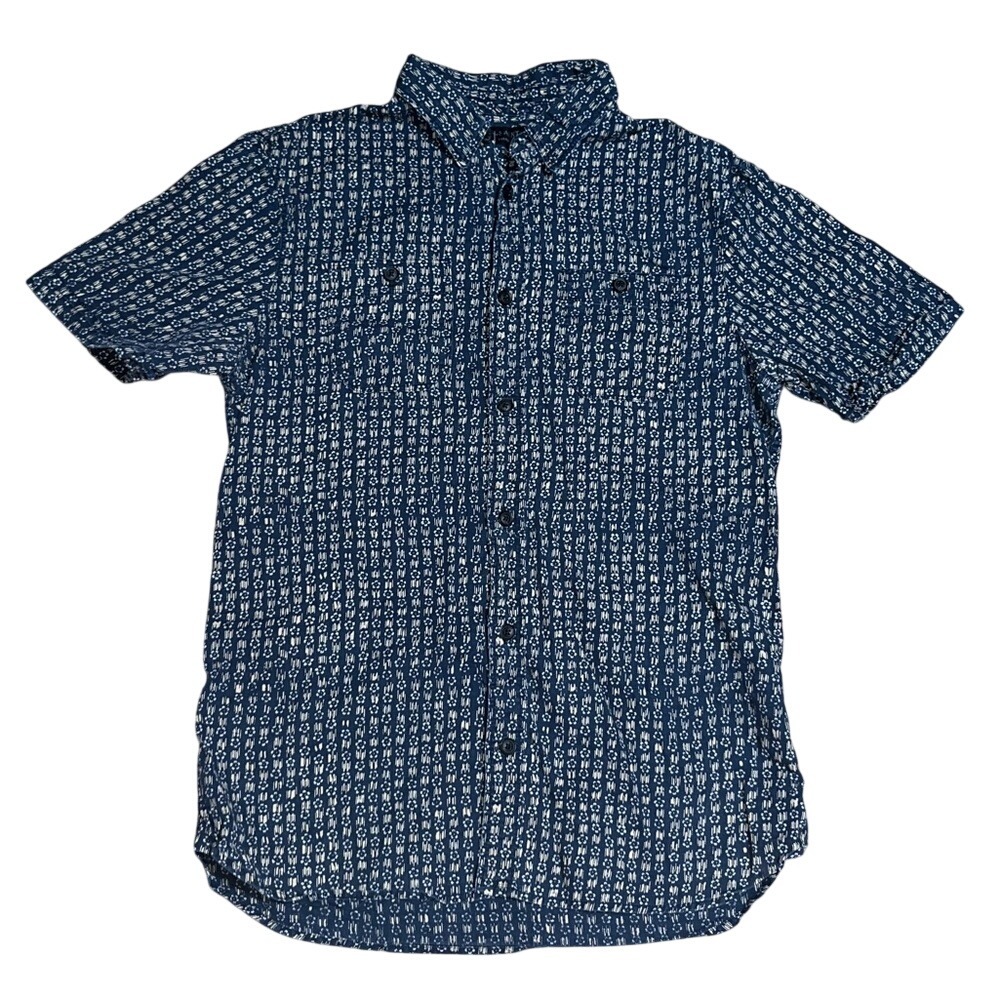 AllSaints Indiola Linen-Blend Short Sleeve Button Down Shirt Blue Small‎
